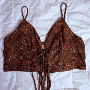 Cider Boho Paisley Lace Up Crop Top Brown Patchwork Indie Grunge 70s Aesthetic